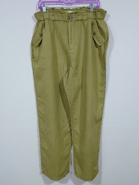 C&C California Linen Pants Women L Olive Green Paperbag Waist Relaxed Fit
